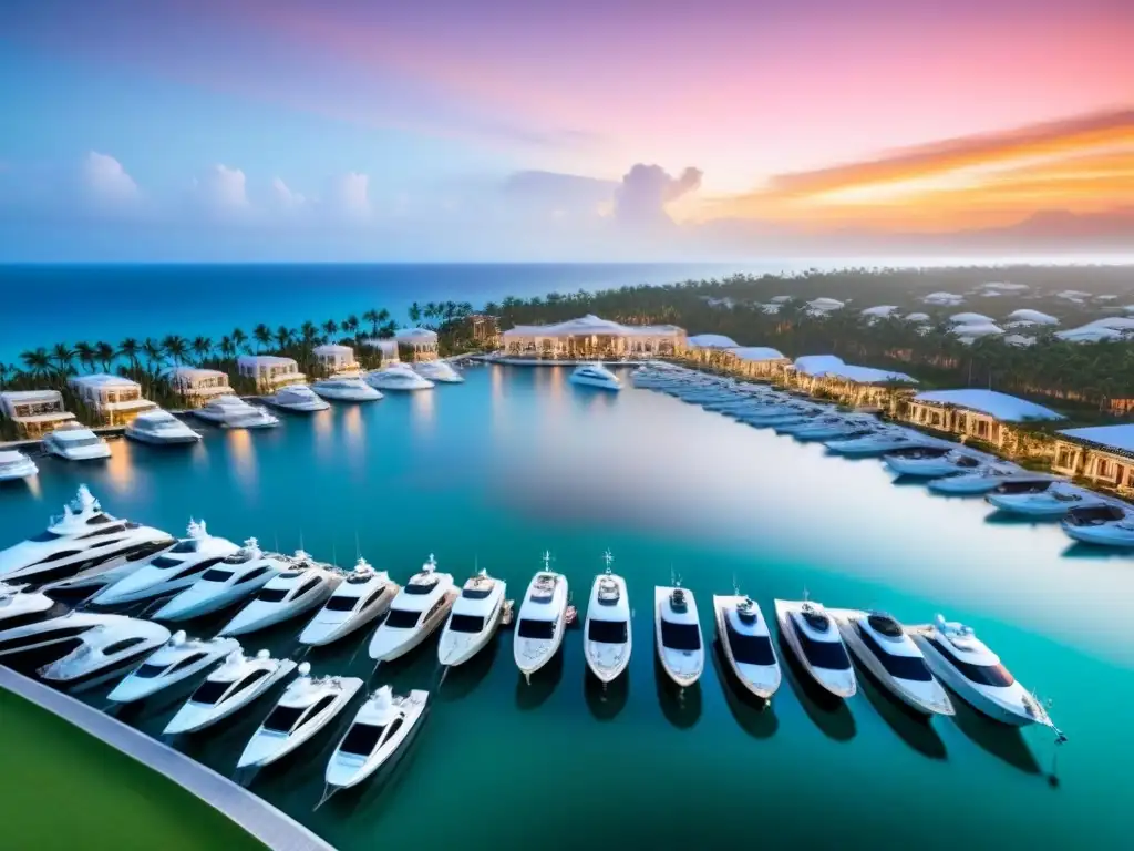 Marina de lujo al atardecer: yates, villas y exclusividad Inversión inmobiliaria en marinas de lujo: Atardecer en marina exclusiva con yates y villas frente al mar