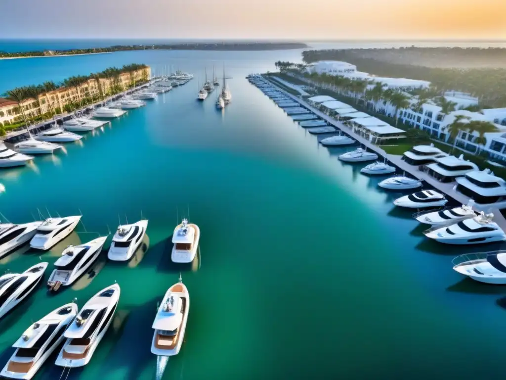 Marina de lujo: yates y opulencia bajo el sol dorado Inversión inmobiliaria en marinas de lujo: Marina lujosa con yates, veleros, propiedades exclusivas y elegantes individuos