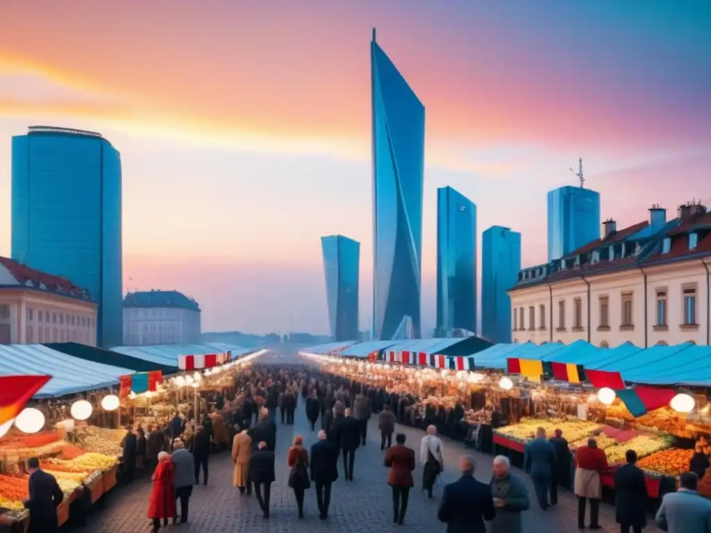 Skyline moderno y mercado vibrante: oportunidades de inversión en Europa del Este Inversión inmobiliaria en Europa del Este: Mercado callejero vibrante bajo el cielo moderno de una ciudad futurista al atardecer