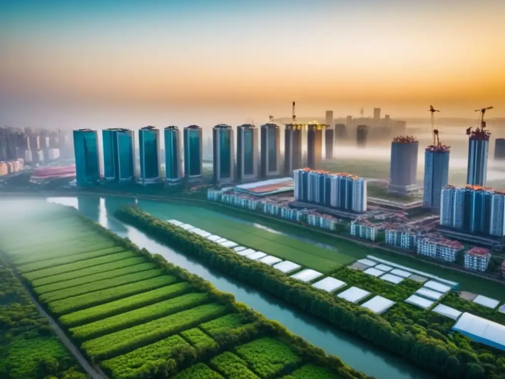 Desarrollo urbano en país emergente: contrastes y promesas Inversión inmobiliaria en mercado emergente: Ciudad en crecimiento con modernos rascacielos y naturaleza al atardecer