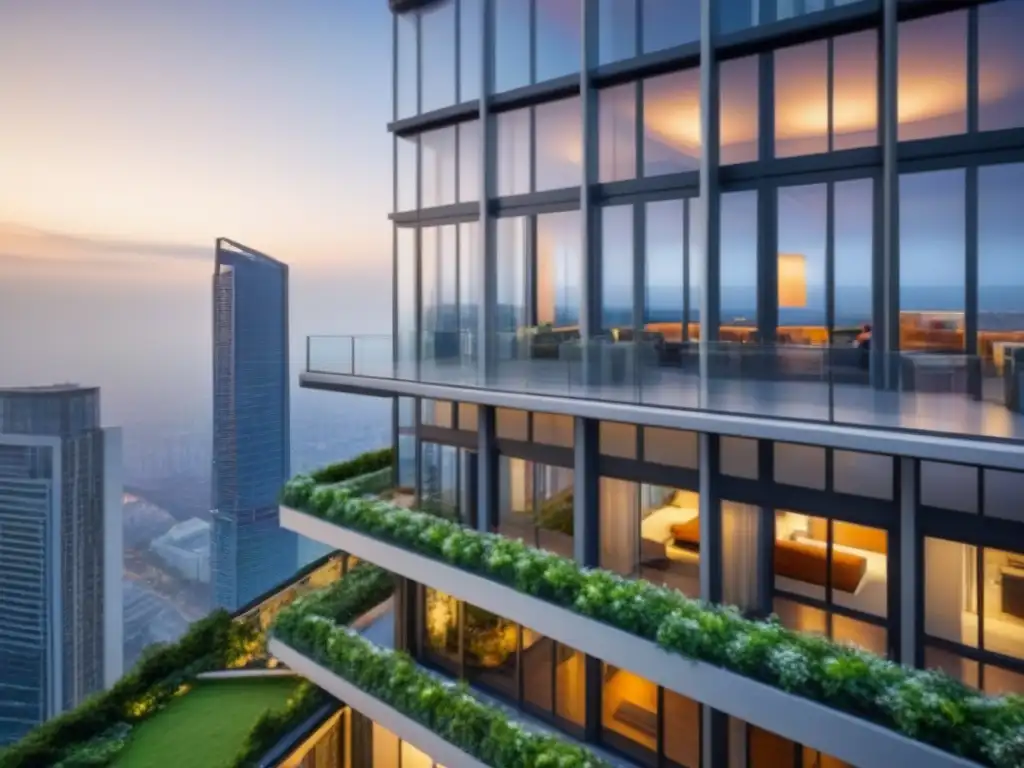 Edificio de lujo en mercado emergente: inversión prometedora Inversión inmobiliaria en mercado emergente: Edificio de lujo con diseño moderno y profesionales entrando y saliendo