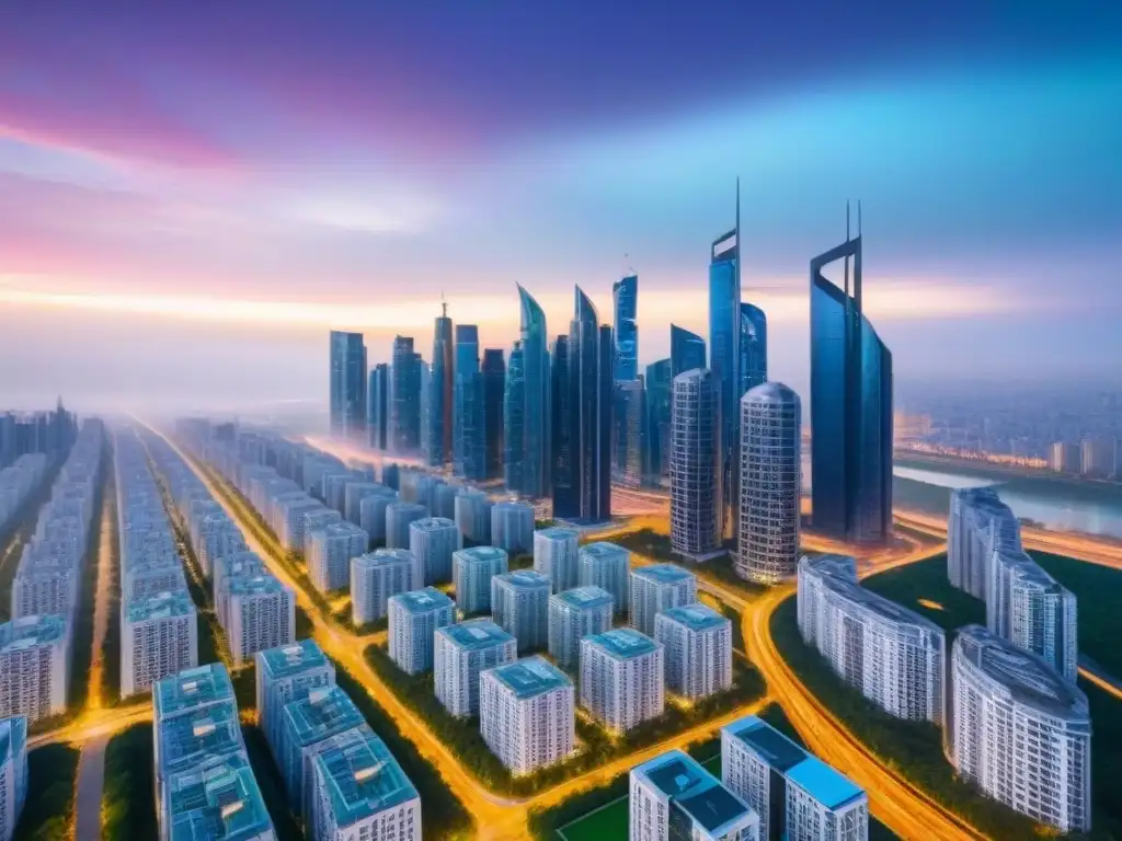 Metrópolis futurista: armonía entre arquitectura avanzada y naturaleza Inversión inmobiliaria en mercado internacional: Vista aérea de una ciudad futurista con rascacielos y espacios verdes en armonía