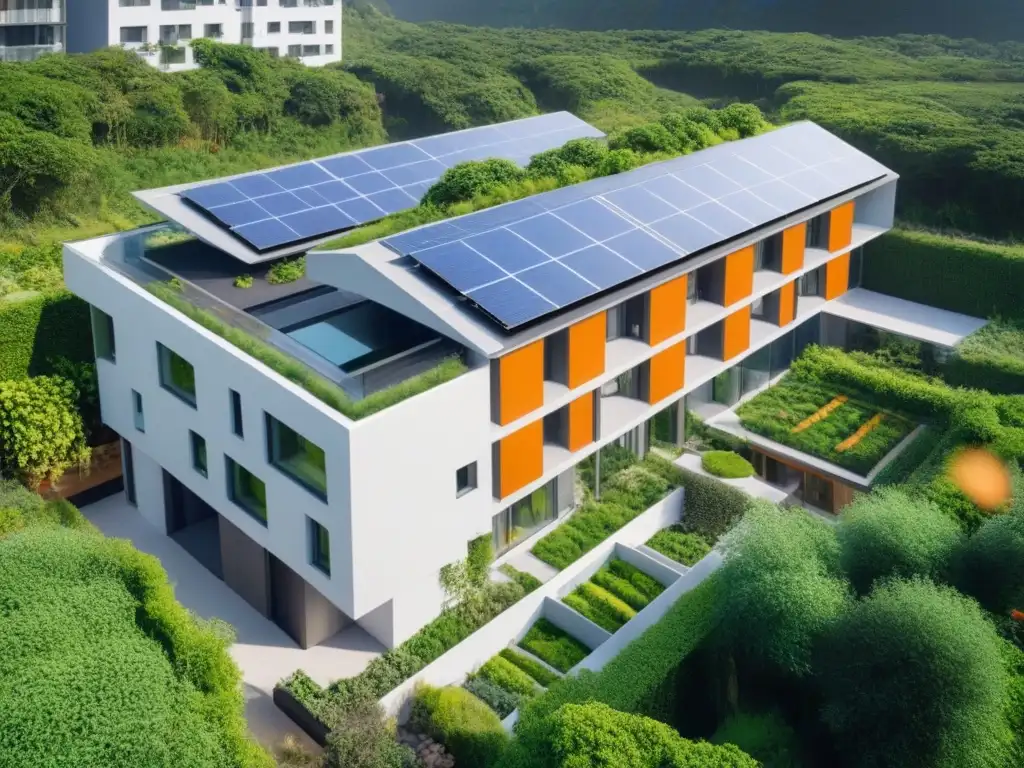 Complejo eco-sostenible: diseño vanguardista en armonía con la naturaleza Inversión inmobiliaria en mercado internacional: complejo sostenible con paneles solares, jardín comunitario y arquitectura moderna ecoamigable