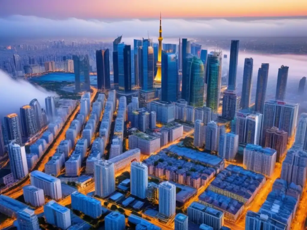Inversiones inmobiliarias globales: paisaje urbano dinámico Inversión inmobiliaria en mercado internacional: vibrante ciudad con rascacielos modernos y mercados callejeros