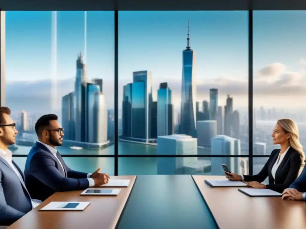 Inversionistas internacionales debaten tendencias del mercado inmobiliario global en una moderna sala de juntas con vista panorámica Inversión inmobiliaria en mercado internacional: Grupo diverso de inversores en moderno boardroom con vista a la ciudad