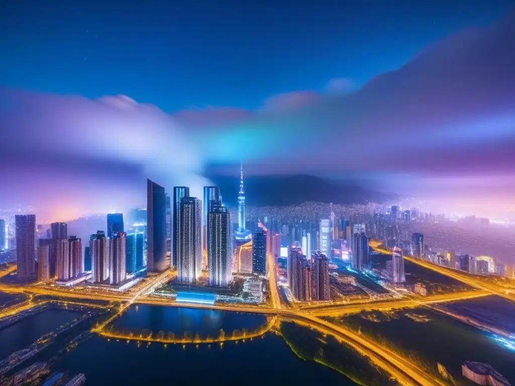 Inversión inmobiliaria: ciudad futurista y tradición Inversión inmobiliaria en mercado internacional: Ciudad futurista de noche, con rascacielos iluminados por luces neón