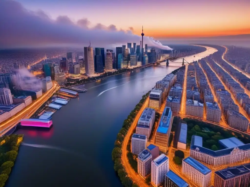 Esplendor urbano al anochecer: ciudad moderna y río sereno Inversión inmobiliaria en mercado internacional: Una ciudad moderna iluminada al anochecer, reflejada en un río sereno