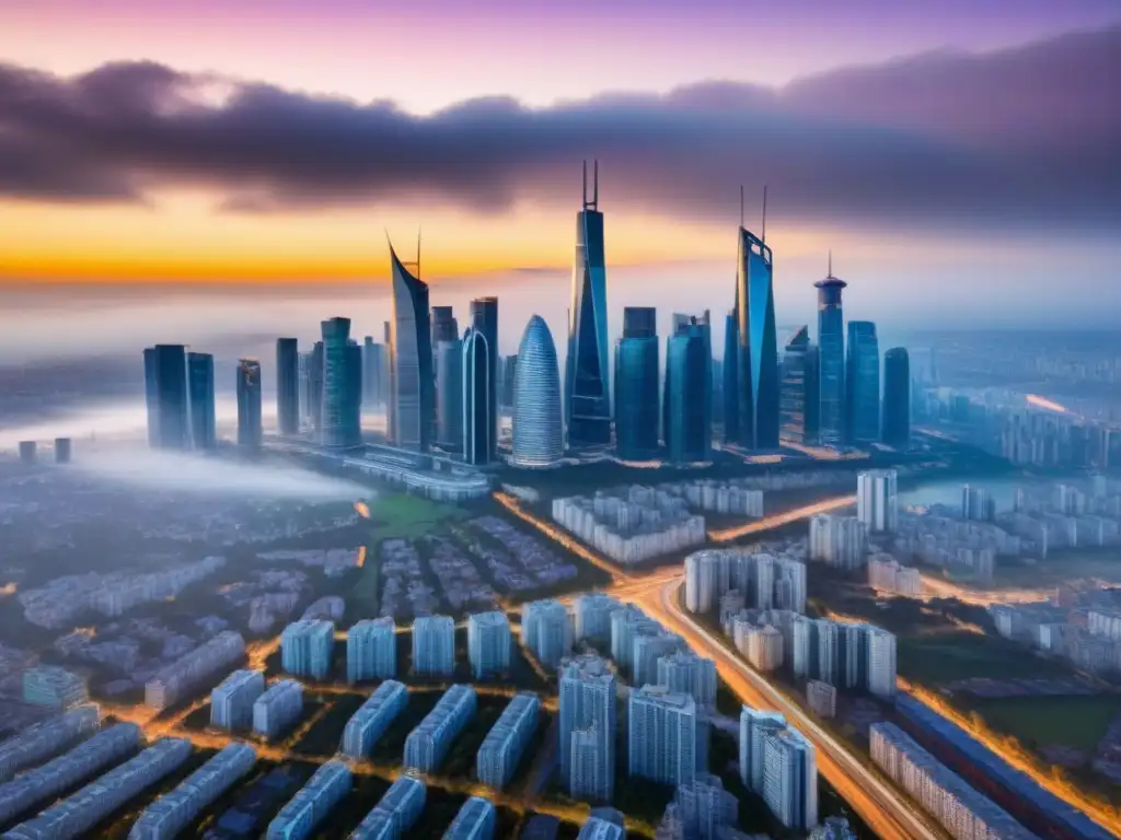 Metrópolis futurista: inversión inmobiliaria global en ascenso Inversión inmobiliaria mercado internacional: Vista aérea de una ciudad moderna y vibrante al atardecer