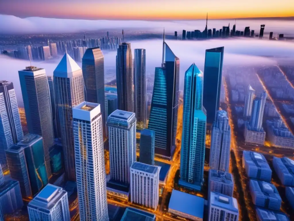 Metrópolis futurista: atractivo mercado inmobiliario internacional Inversión inmobiliaria mercado internacional: Vista aérea de una ciudad moderna con rascacielos futuristas y vibrante vida urbana