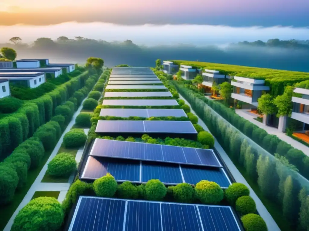 Eco-ciudad sostenible: arquitectura verde y eficiente Inversión inmobiliaria mercado internacional sostenibilidad: Desarrollo sostenible con techos verdes y paneles solares en armonía con la naturaleza