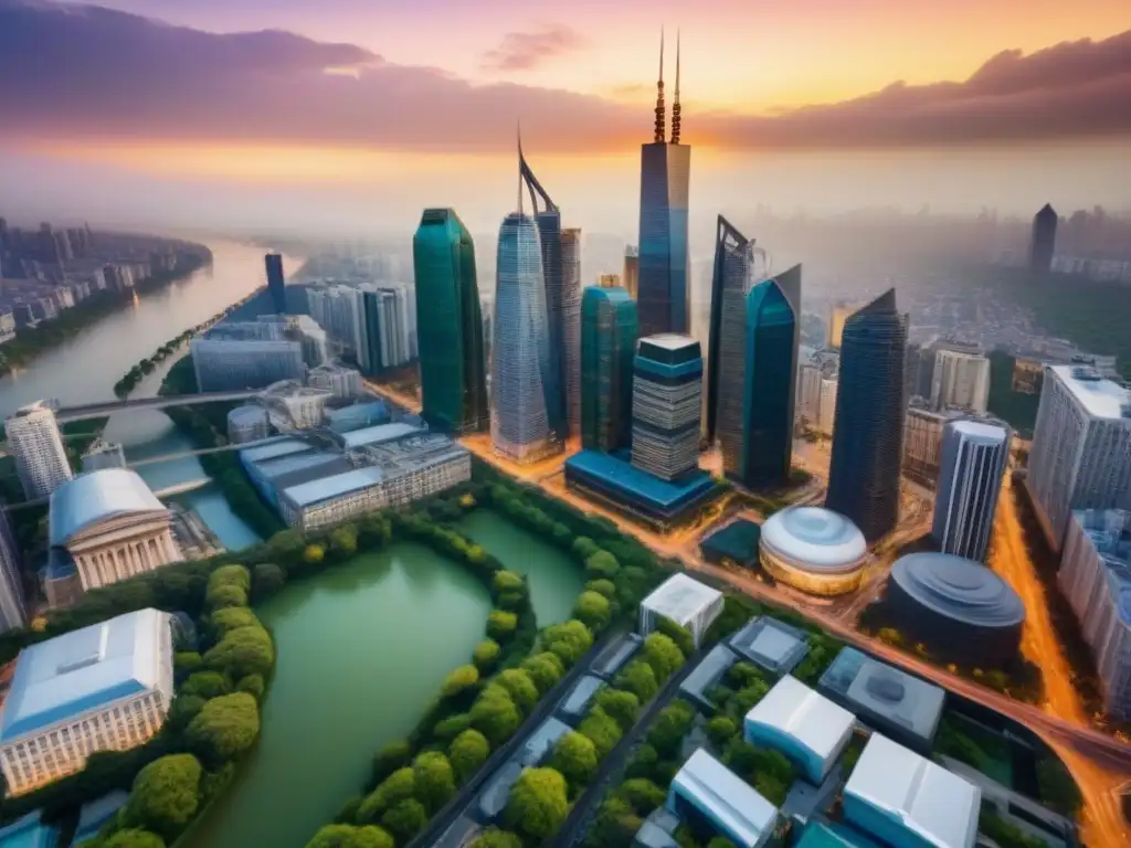 Esplendor urbano al atardecer: modernidad y tradición en paisaje vibrante Inversión inmobiliaria en mercados consolidados: joyas arquitectónicas al atardecer