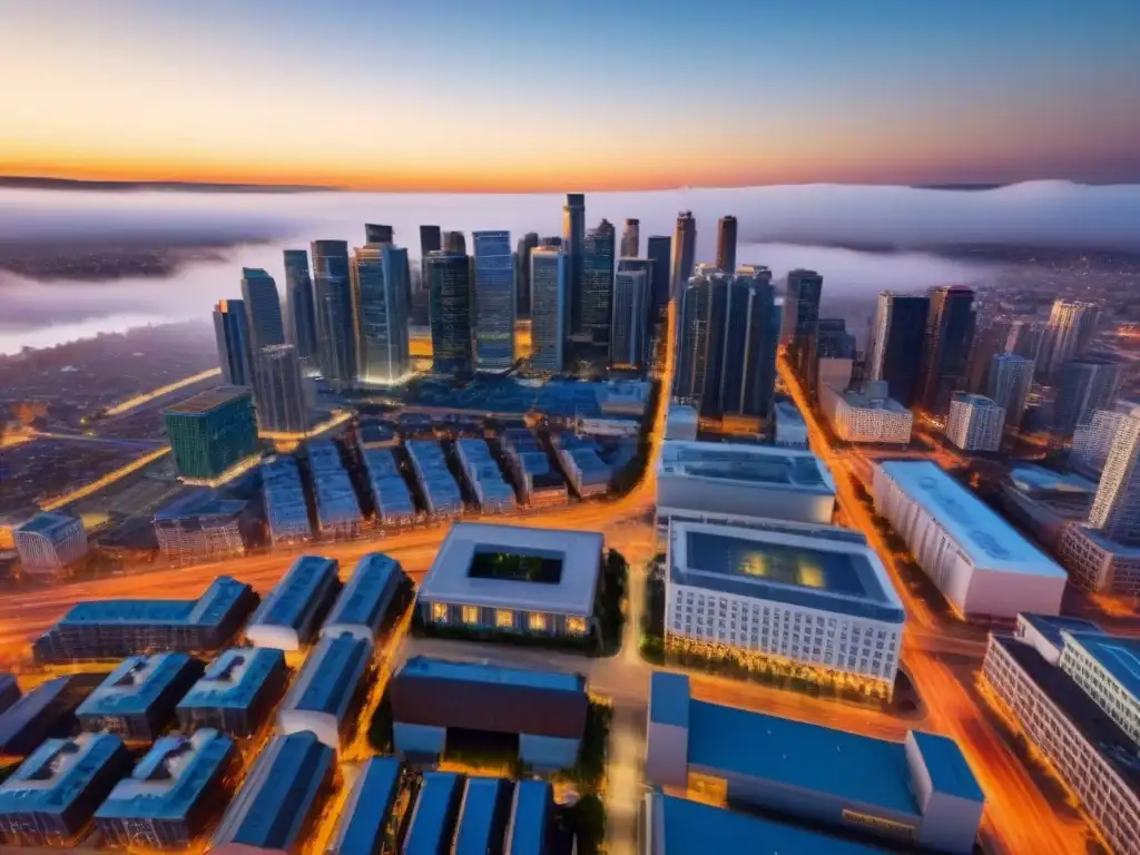 Esplendor urbano: ciudad moderna con rascacielos y bulliciosa actividad Inversión inmobiliaria en mercados consolidados: una ciudad próspera y moderna al atardecer
