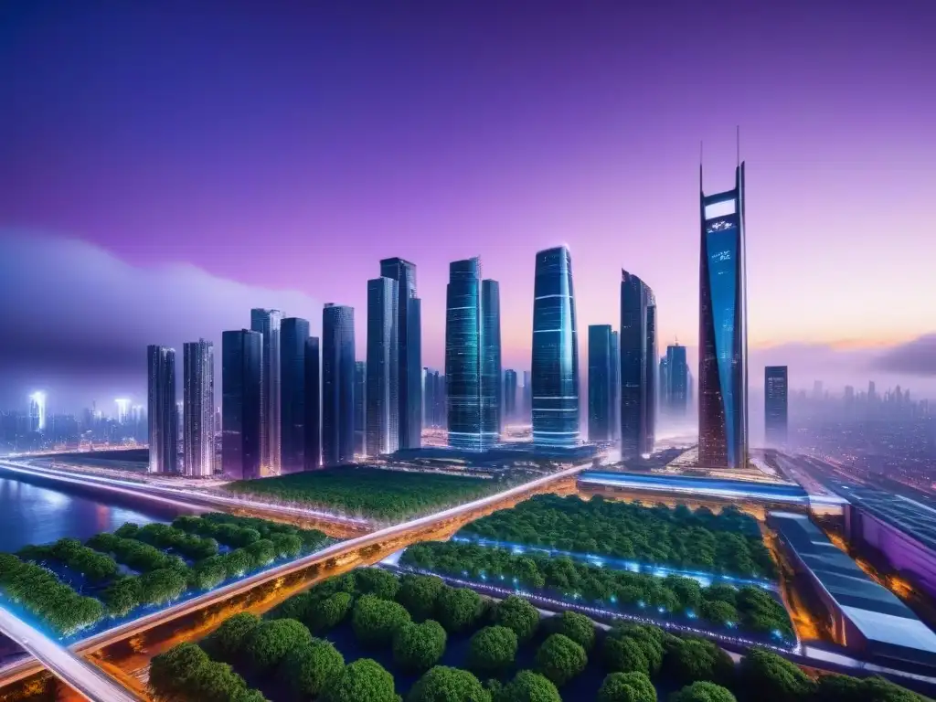 Skyline futurista: innovación y sostenibilidad en 8k Inversión inmobiliaria en mercados no convencionales: Ciudad futurista al anochecer, rascacielos iluminados en un cielo morado