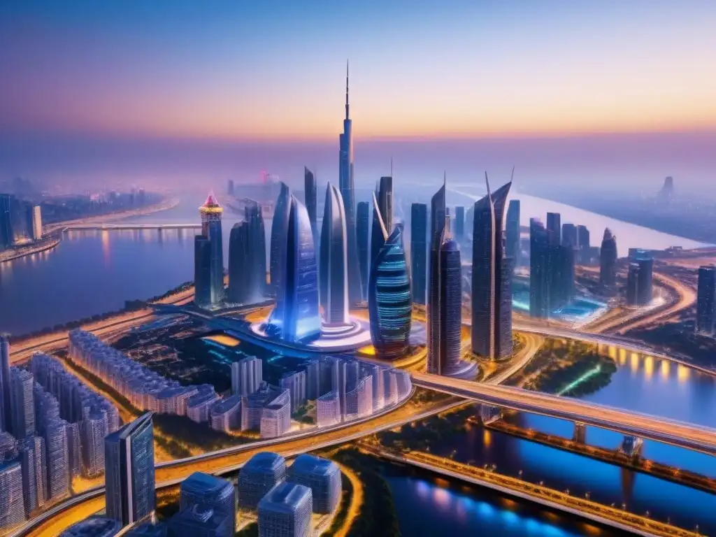 Metrópolis futurista al atardecer: inversión inmobiliaria innovadora Inversión inmobiliaria en mercados no convencionales: Una ciudad futurista con rascacielos relucientes y vehículos autónomos