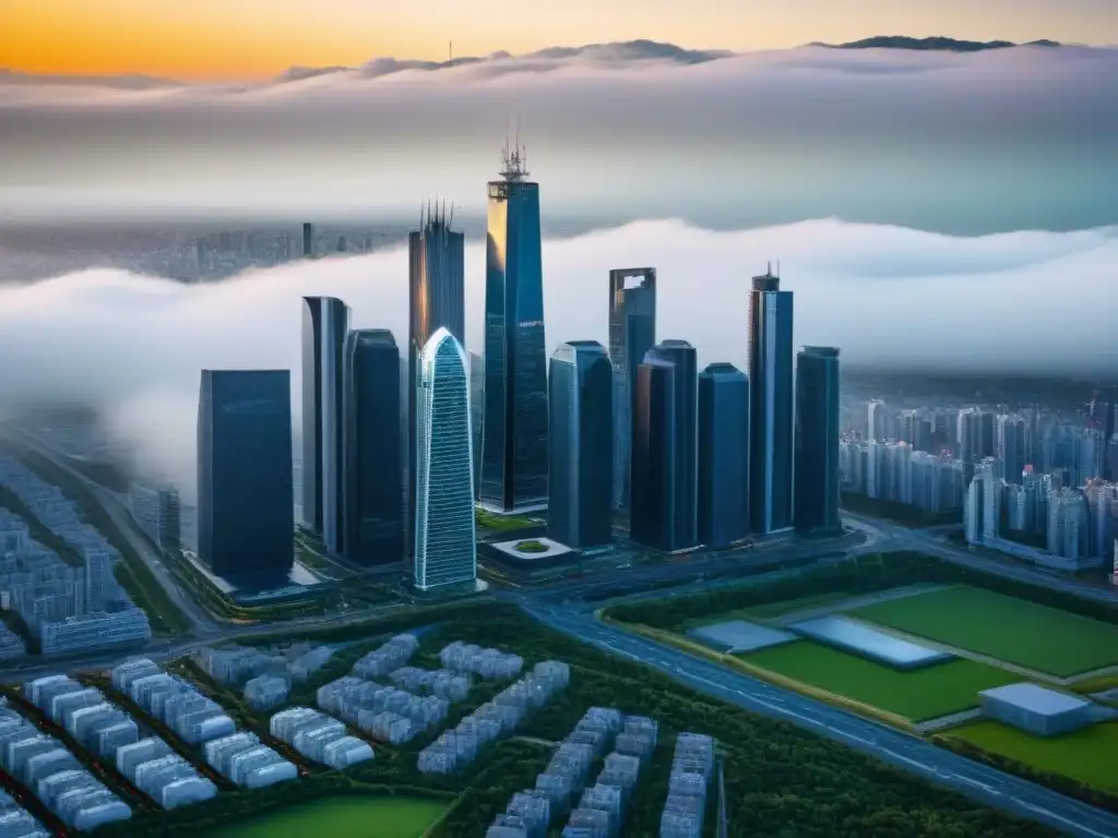 Metrópolis futurista: inversión inmobiliaria innovadora Inversión inmobiliaria en mercados no convencionales: vista aérea de una ciudad futurista con rascacielos elegantes y tecnología avanzada
