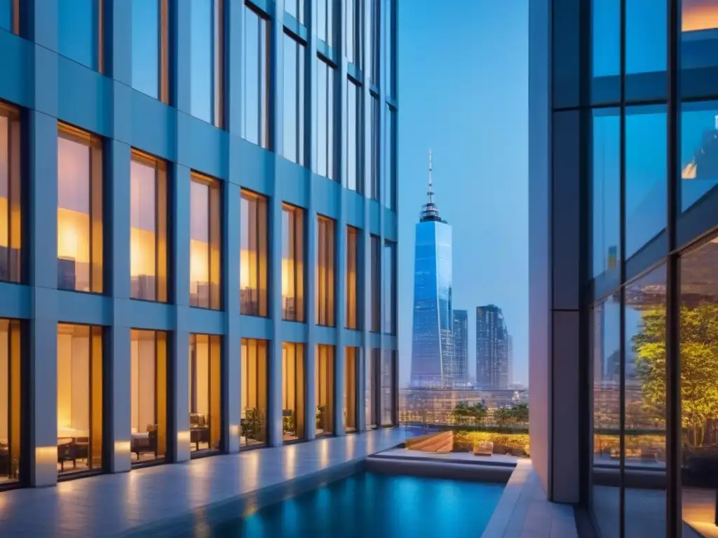 Edificio de lujo en ciudad vibrante: oportunidad inmobiliaria Inversión inmobiliaria en mercados emergentes: rascacielos moderno con ventanas de piso a techo reflejando el bullicio de la ciudad de noche