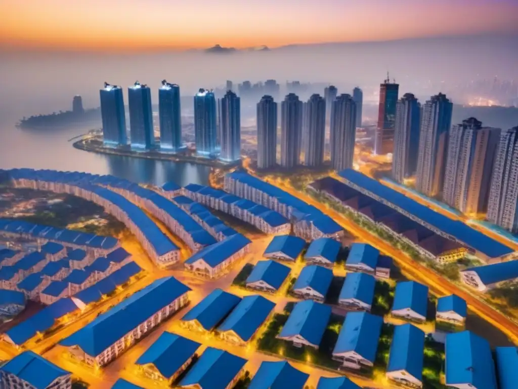 Horizonte urbano: desarrollo inmobiliario en país emergente Inversión inmobiliaria en mercados emergentes: Ciudad en desarrollo con rascacielos modernos y estructuras tradicionales al atardecer