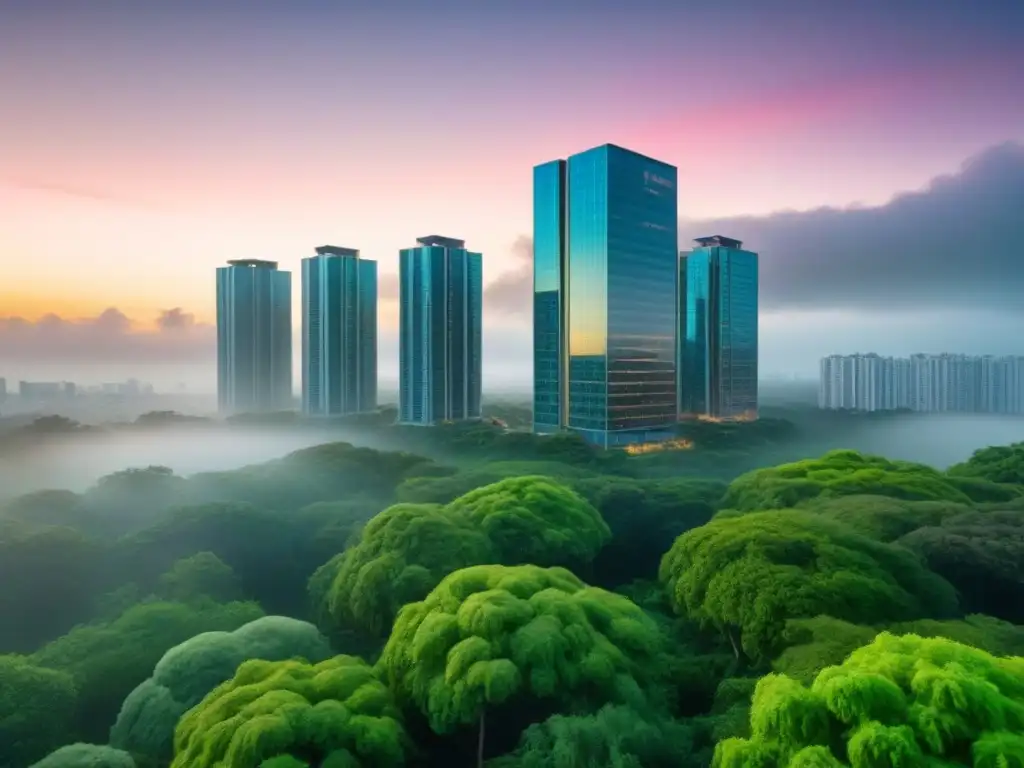 Edificio de lujo en metrópolis vibrante al atardecer Inversión inmobiliaria en mercados emergentes: Torre moderna de cristal reflejando la ciudad al anochecer, rodeada de vegetación y vida urbana