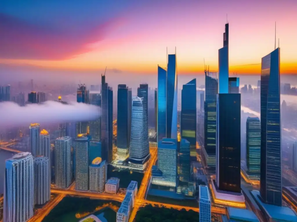 Oportunidades de inversión en mercados emergentes: decisiones estratégicas ante regulaciones cambiantes Inversión inmobiliaria en mercados emergentes: Profesionales analizan estrategias bajo un atardecer vibrante y rascacielos imponentes