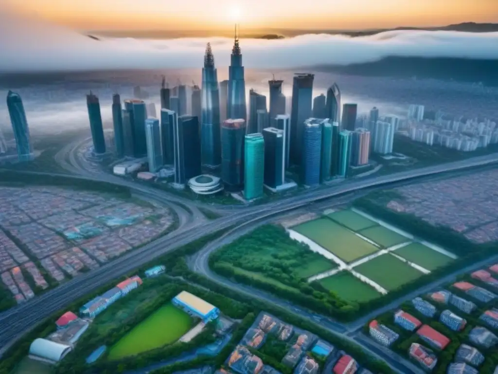 Cityscape emergente: mezcla de modernidad y tradición Inversión inmobiliaria en mercados emergentes: panorámica aérea de ciudad en crecimiento con rascacielos y arquitectura tradicional