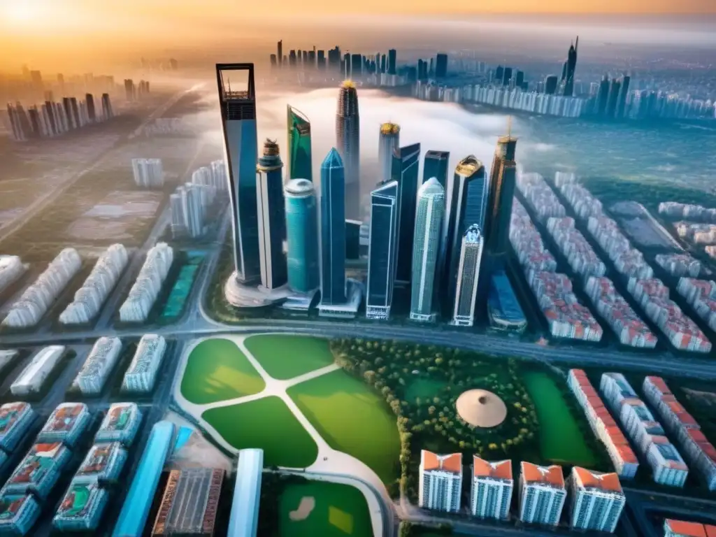 Horizonte urbano vibrante: potencial inmobiliario en mercado emergente Inversión inmobiliaria en mercados emergentes: Ciudad en desarrollo con rascacielos y obras, reflejando crecimiento y oportunidades