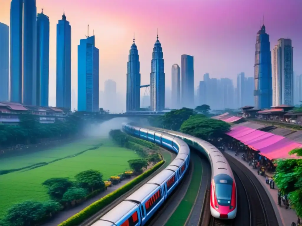 Horizonte vibrante de mercado emergente: arquitectura tradicional y moderna entre ríos y vegetación Inversión inmobiliaria en mercados emergentes futuros: Ciudad bulliciosa con rascacielos, vendedores callejeros y trenes de alta velocidad futuristas