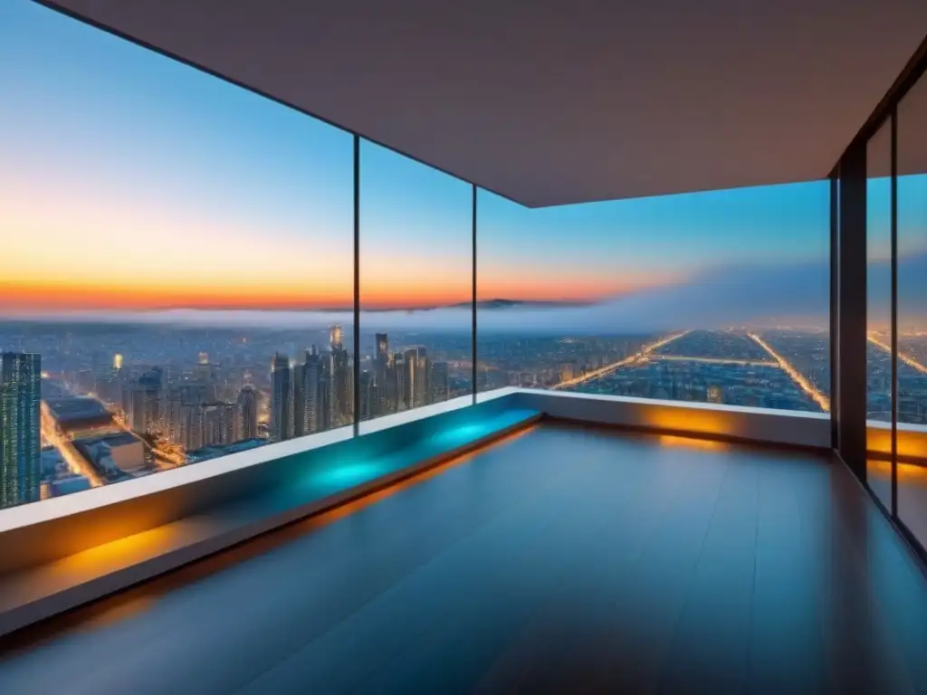 Rascacielos moderno con vistas urbanas al anochecer Inversión inmobiliaria en mercados emergentes: Edificio de apartamentos moderno con vista urbana al anochecer