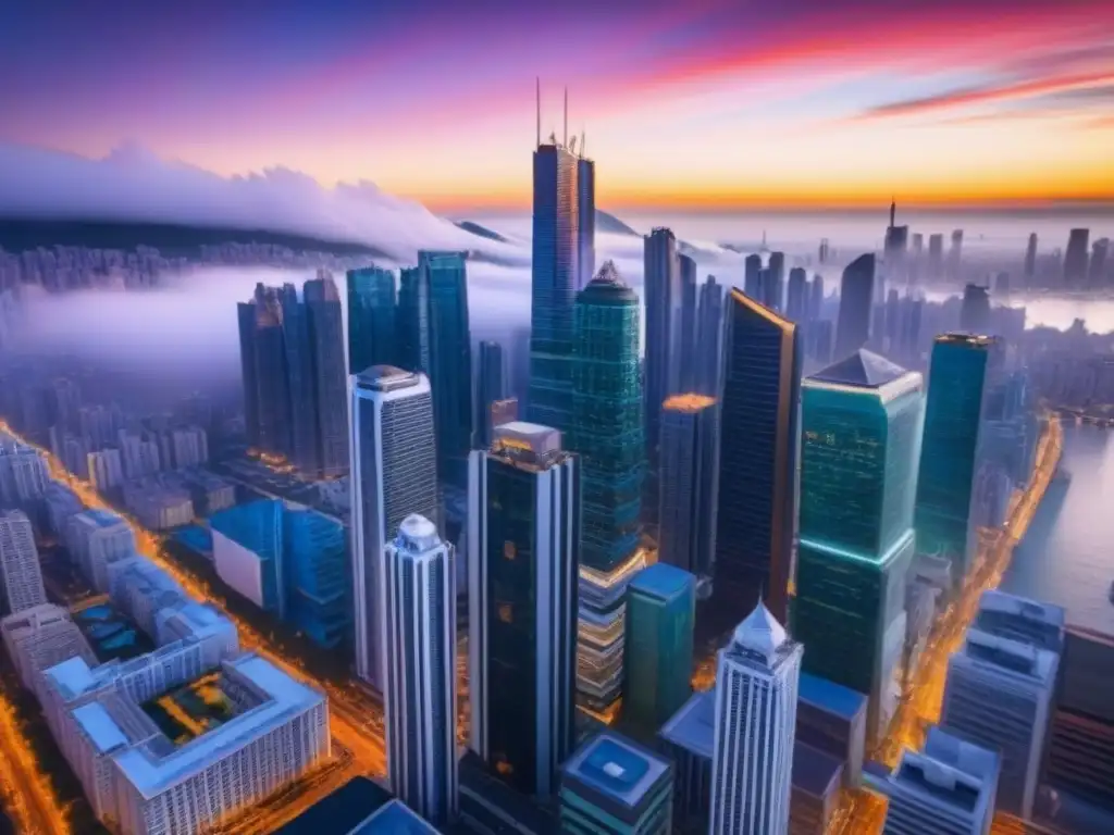 Horizonte urbano vibrante y diverso en mercado emergente Inversión inmobiliaria en mercados emergentes: ciudad vibrante, rascacielos modernos y gente diversa en calles bulliciosas al atardecer