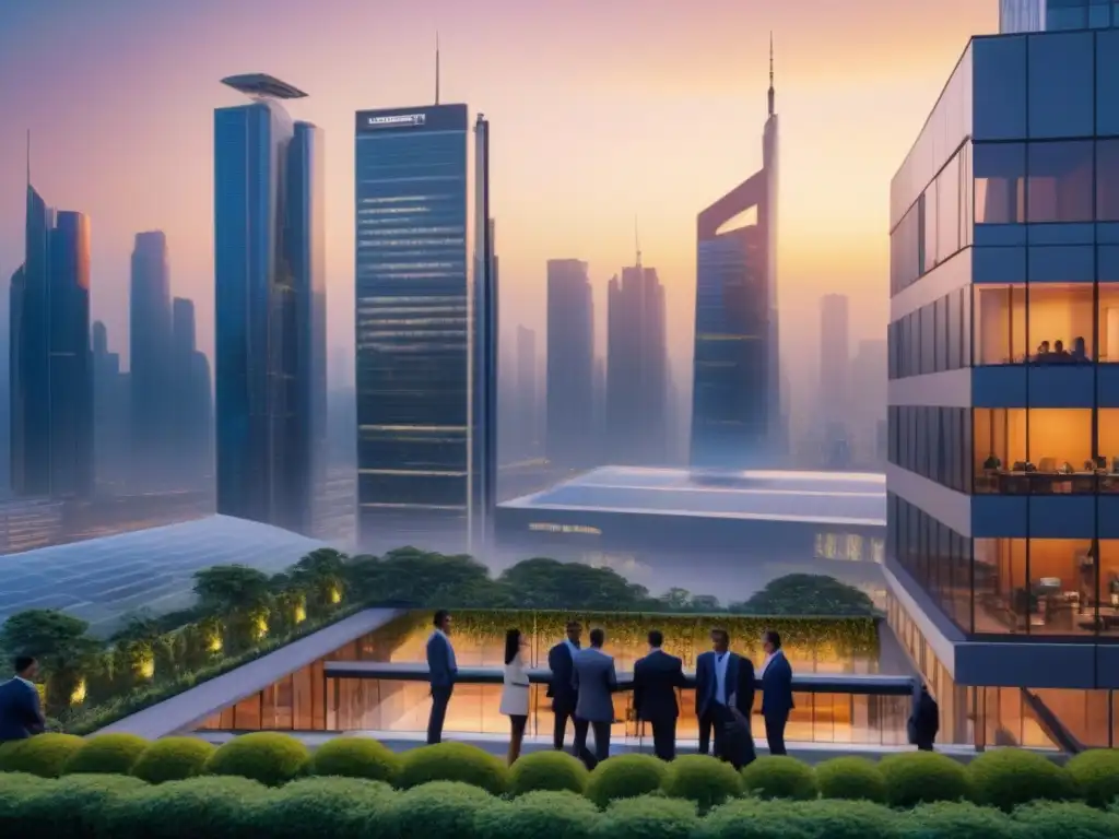 Mercado emergente: skyline vibrante y profesionales dinámicos Inversión inmobiliaria en mercados emergentes: vibrante ciudad al atardecer con profesionales y rascacielos reflejando el sol