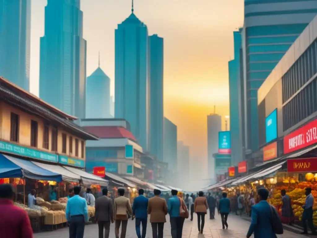 Horizonte dorado: metrópolis en mercados emergentes Inversión inmobiliaria en mercados emergentes: Metrópolis vibrante con rascacielos dorados al atardecer y gente activa en las calles