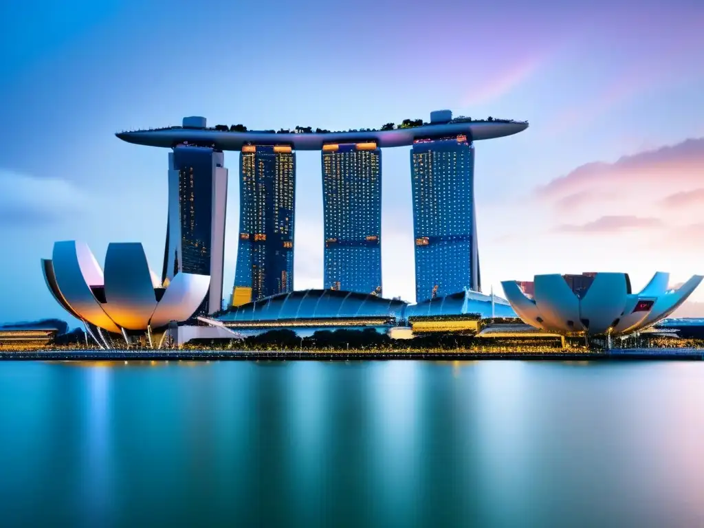 Marina Bay Sands: Skyline futurista de Singapur al anochecer Inversión inmobiliaria en mercados emergentes: Marina Bay Sands en Singapur, un ícono de modernidad y prosperidad