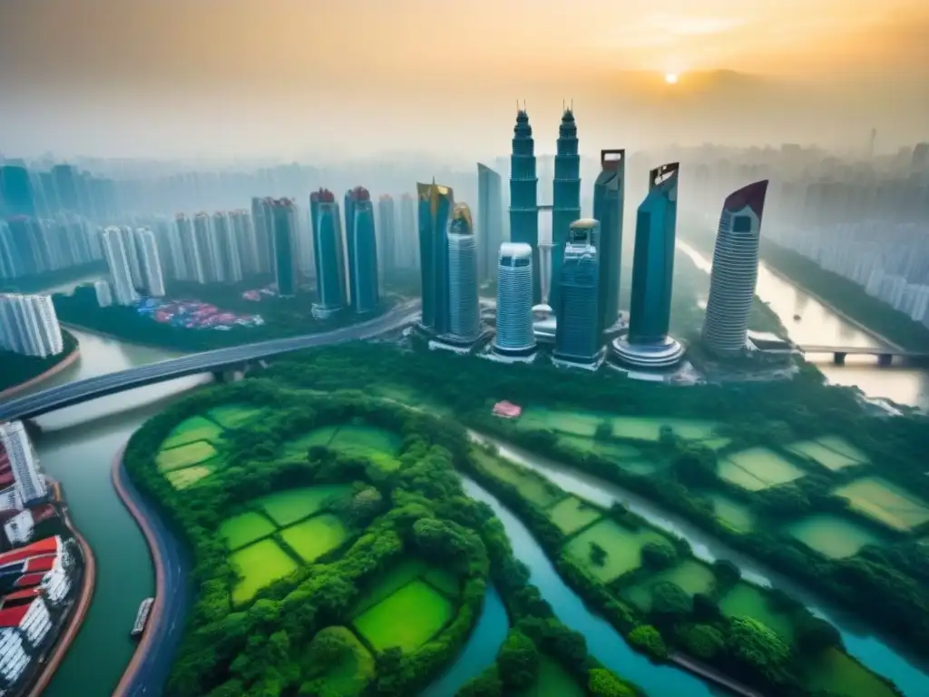 Inversión inmobiliaria en Asia: ciudad moderna y tradicional Inversión inmobiliaria en mercados emergentes: Vista aérea de una ciudad asiática emergente, mezclando modernidad y tradición
