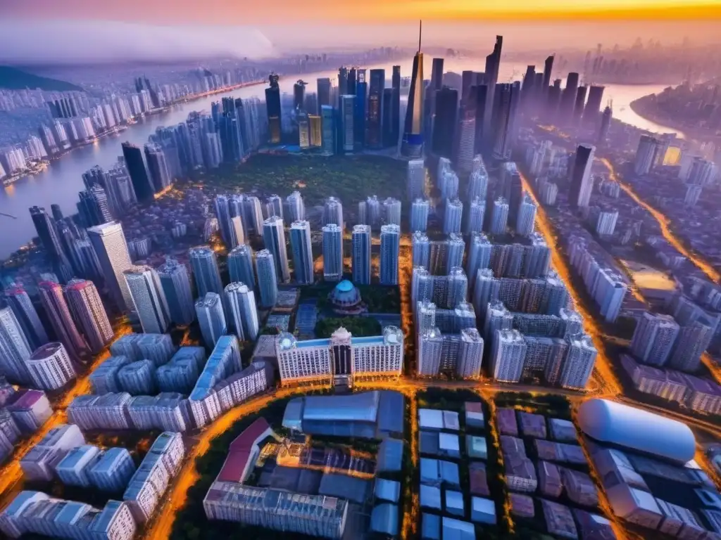 Contraste urbano: ciudad emergente entre tradición y modernidad Inversión inmobiliaria en mercados emergentes: fusión de modernidad y tradición bajo la luz dorada del atardecer
