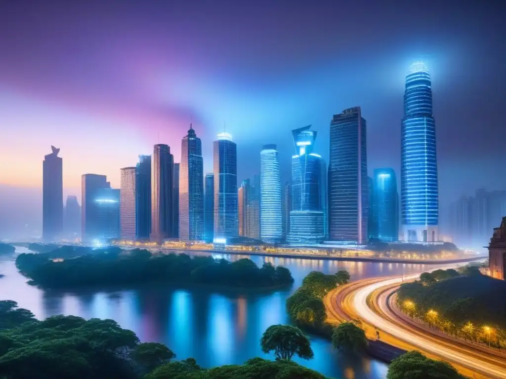Metrópolis emergente: paisaje urbano vibrante al anochecer Inversión inmobiliaria en mercados emergentes para Millennials: vibrante ciudad nocturna con modernos rascacielos iluminados y arquitectura futurista