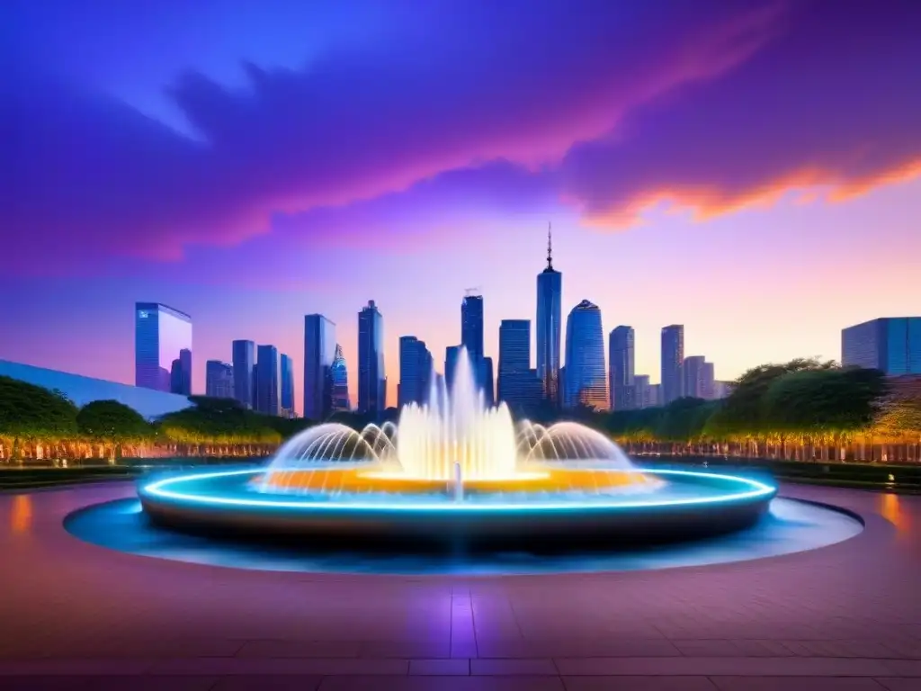 Skyline moderno al atardecer: mercado inmobiliario vibrante Inversión inmobiliaria en mercados maduros: Skyline de ciudad al atardecer con rascacielos modernos y parque animado al frente