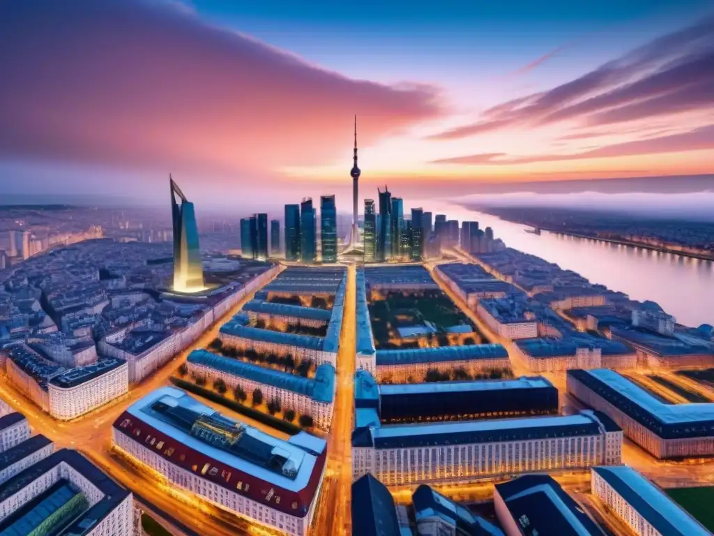 Horizonte futurista de Europa del Este: progreso y oportunidad Inversión inmobiliaria Europa del Este: Una metrópolis futurista en el atardecer, fusionando modernidad y tradición