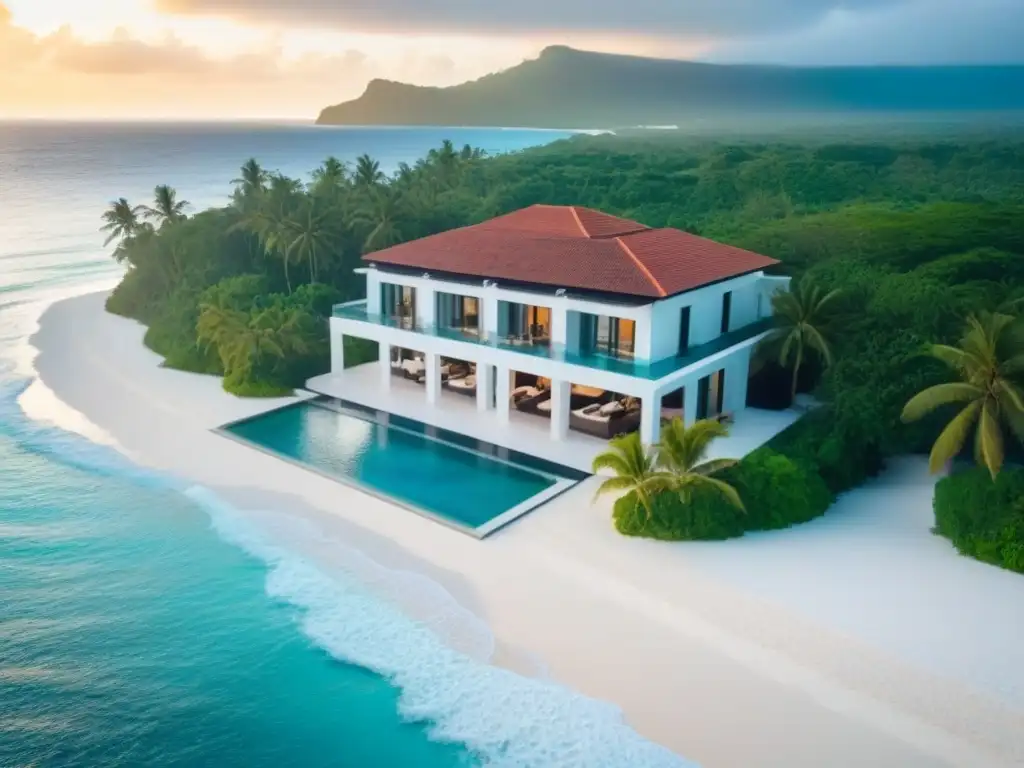 Propiedad de lujo frente al mar en el Caribe: atardecer sereno Inversión inmobiliaria en el Caribe: Villa moderna con piscina infinita y vista al mar turquesa al atardecer