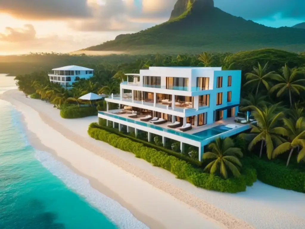 Propiedad de lujo en el Caribe: atardecer idílico en playa paradisíaca Inversión inmobiliaria en el Caribe: Villa moderna en la playa con aguas turquesas, arena blanca y palmeras bajo el cálido atardecer