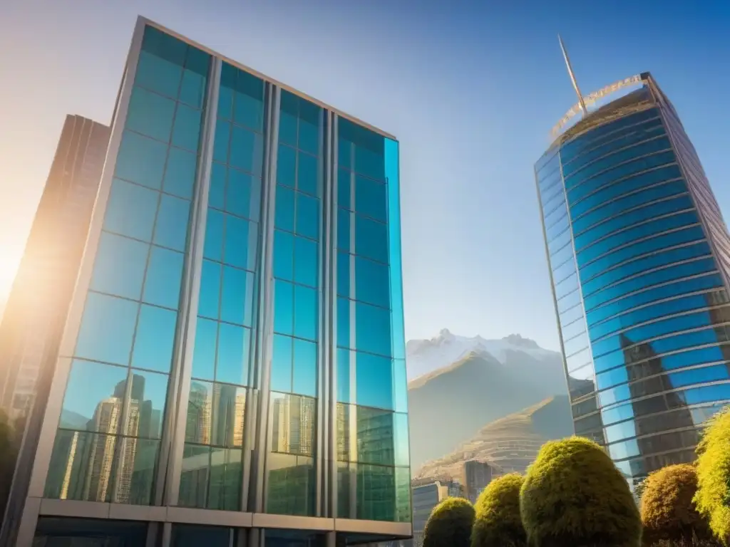 Inversión inmobiliaria en Chile: Edificio moderno en distrito financiero de Santiago, con profesionales debatiendo afuera