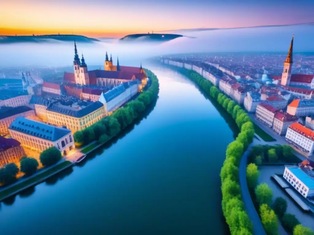 Paisaje urbano vibrante en Europa del Este: historia y modernidad Inversión inmobiliaria Europa Este monedas: Vista aérea de una vibrante ciudad en Europa del Este, con arquitectura histórica y rascacielos modernos