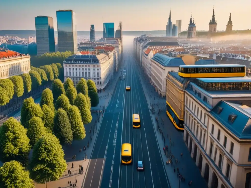 Horizonte urbano: distrito financiero de Europa del Este Inversión inmobiliaria Europa del Este: Paisaje urbano moderno con rascacielos de vidrio y edificios históricos en una ciudad bulliciosa al atardecer