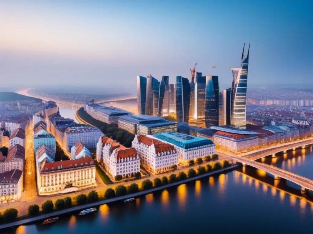 Horizonte futurista al atardecer en Europa del Este Inversión inmobiliaria en Europa del Este: Panorámica futurista de un skyline con rascacielos y calles iluminadas al atardecer
