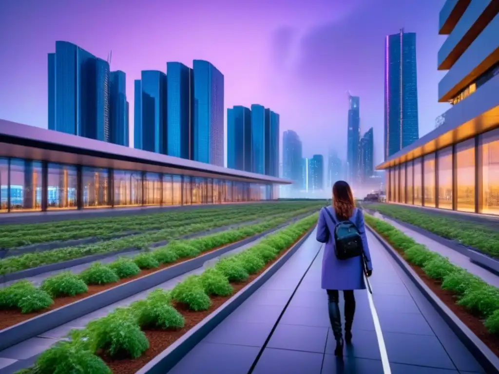 Horizonte futurista sostenible: armonía entre naturaleza y tecnología Inversión inmobiliaria postcrisis global: Ciudad futurista al anochecer, con rascacielos sostenibles y naturaleza integrada