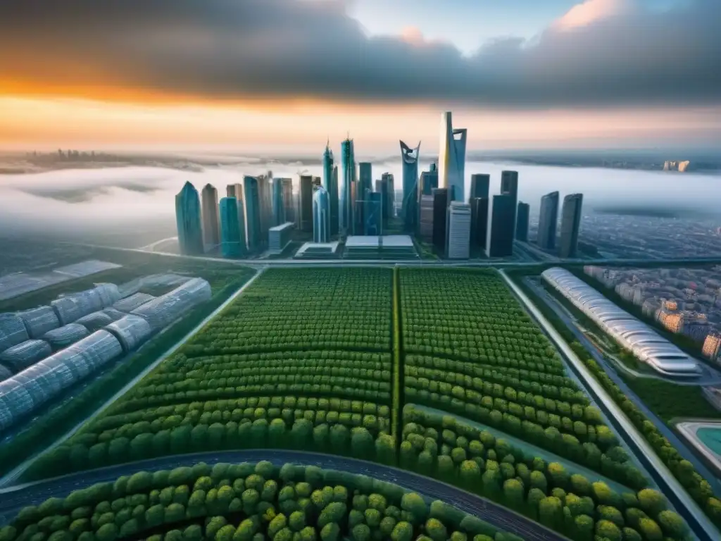 Metrópolis futurista ecoamigable: inversión inmobiliaria postcrisis global Inversión inmobiliaria postcrisis global: Visión aérea de una ciudad futurista con rascacielos sostenibles y sistemas de transporte avanzados