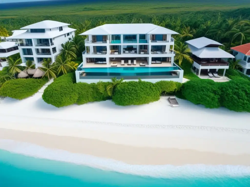Invierte en el paraíso caribeño: lujo y exclusividad en playas cristalinas Inversión inmobiliaria Caribe principiantes: Hermosa vista aérea de playas caribeñas con aguas turquesas y propiedades frente al mar