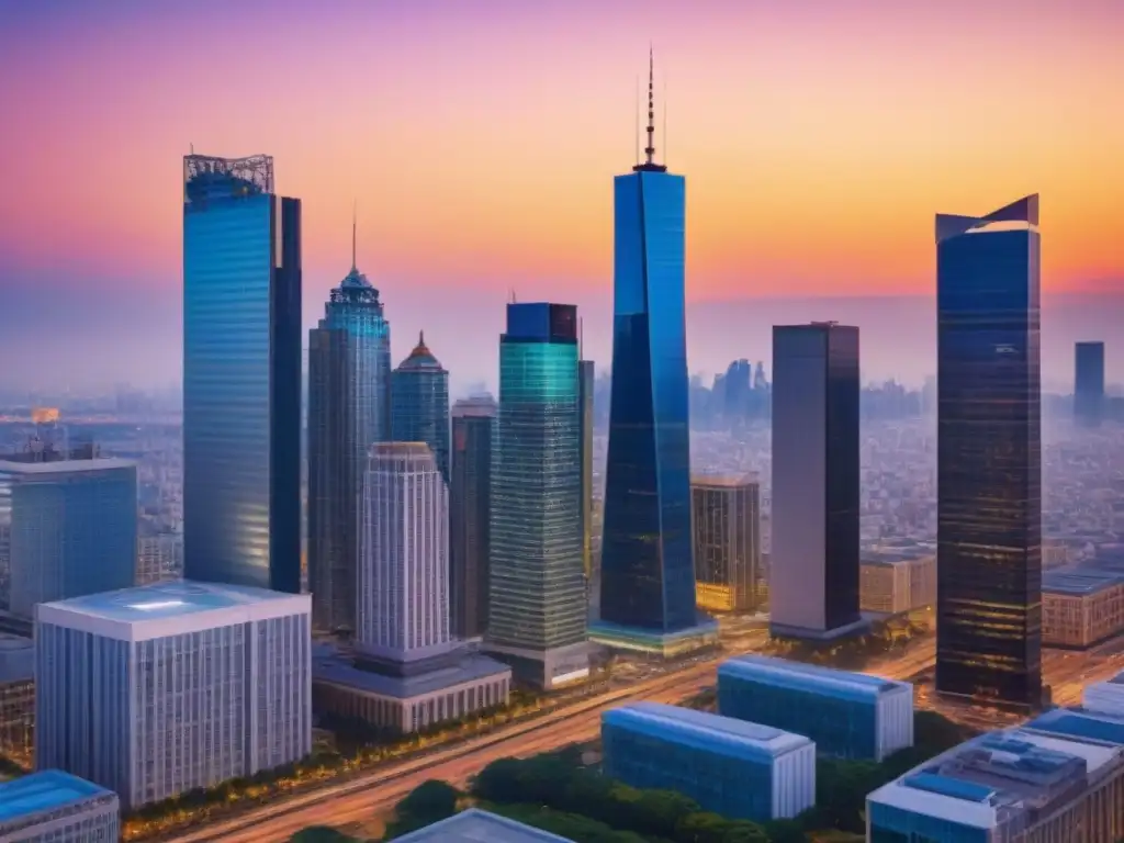 Oportunidades de inversión inmobiliaria en ciudades dinámicas Inversión inmobiliaria en economías en transición: Profesionales debaten frente a rascacielos iluminados en ciudad vibrante al atardecer