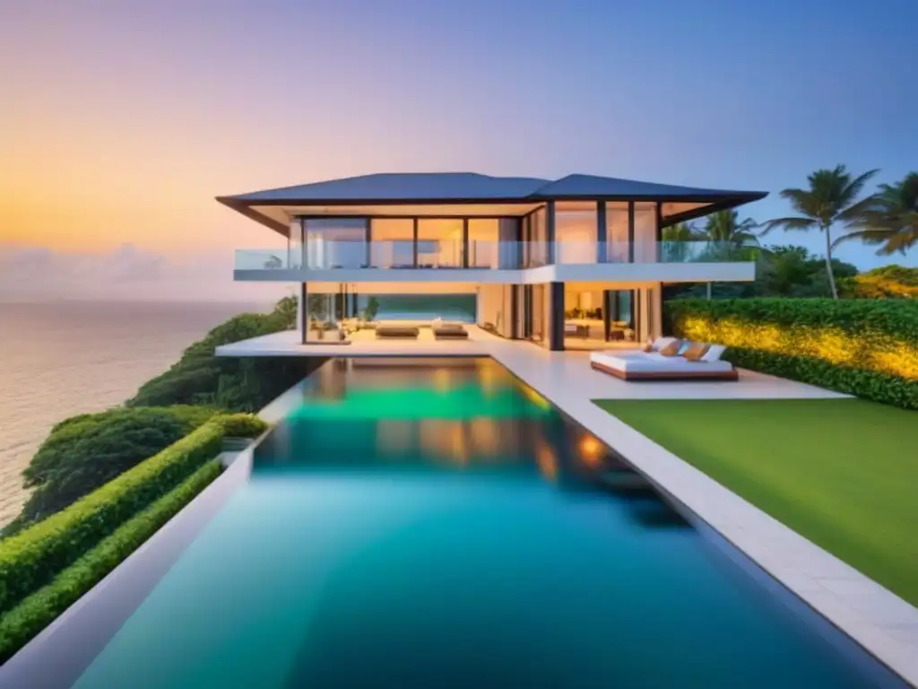 Residencia de lujo frente al mar al atardecer Inversión inmobiliaria propiedades lujo: Mansión de lujo frente al mar al atardecer con diseño moderno y piscina infinita