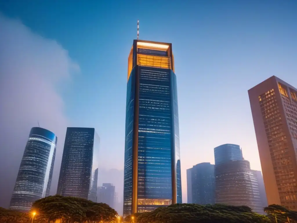Inversión inmobiliaria: estabilidad y crecimiento en la noche de la ciudad Inversión inmobiliaria: rascacielos moderno con ventanas de cristal, reflejando ciudad nocturna y cielo estrellado, resaltando impacto fluctuaciones cambiarias