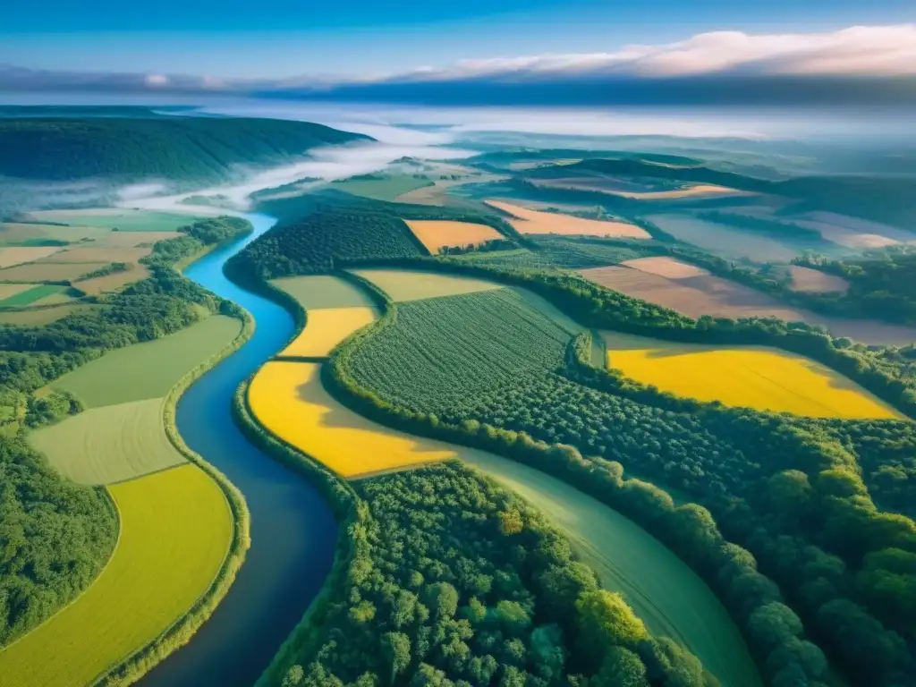 Armonía rural: Campos, bosques y ríos bajo cielo azul Inversión inmobiliaria rural: campos agrícolas, bosques y ríos bajo un cielo azul, transmitiendo tranquilidad y productividad