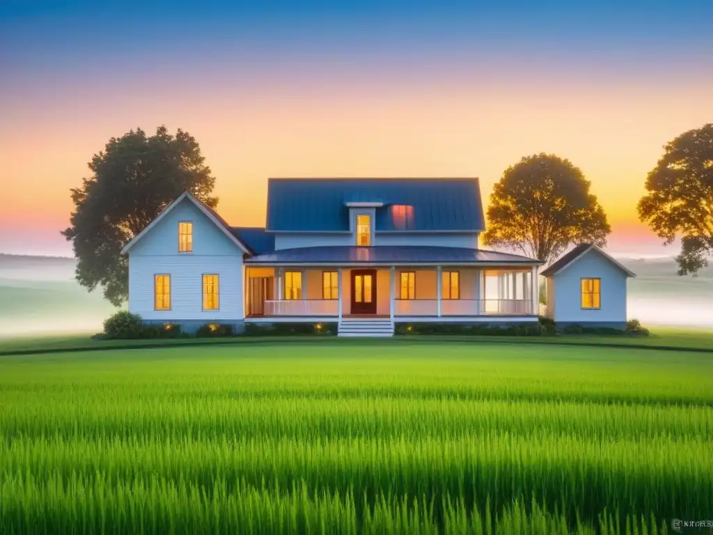 Granja moderna en campo verde con atardecer tranquilo Inversión inmobiliaria rural internacional segura: Granja moderna rodeada de campos verdes y un atardecer apacible